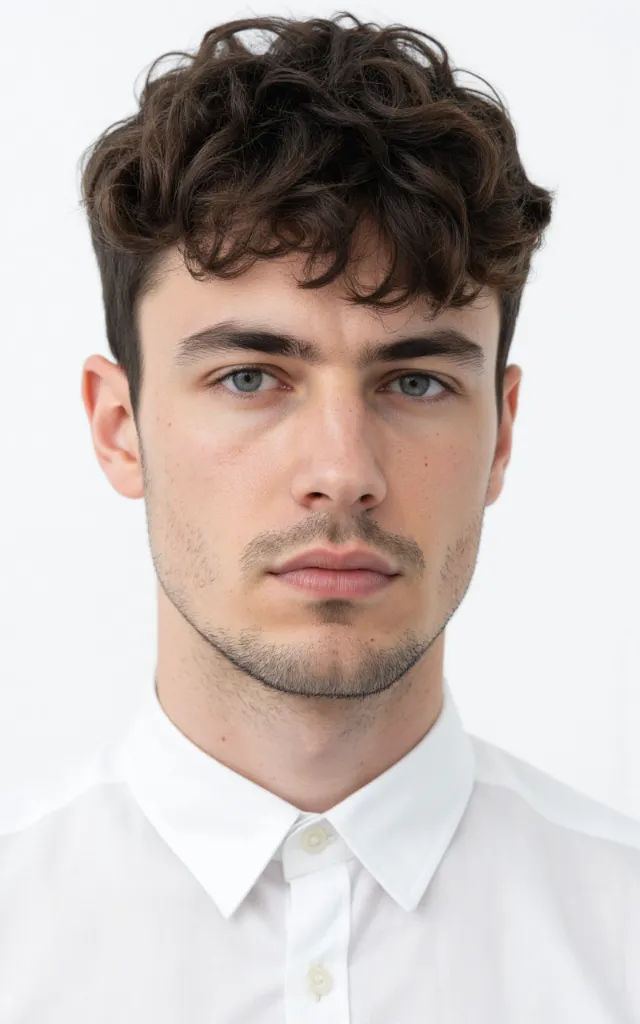 A French male model with a Comb   through, wearing a shirt, against a white background, in a front   facing bust portrait